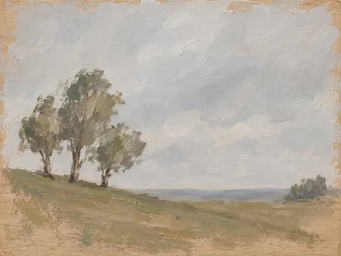 Three trees on a slope in stone, sage, sand, taupe; landscape artwork.