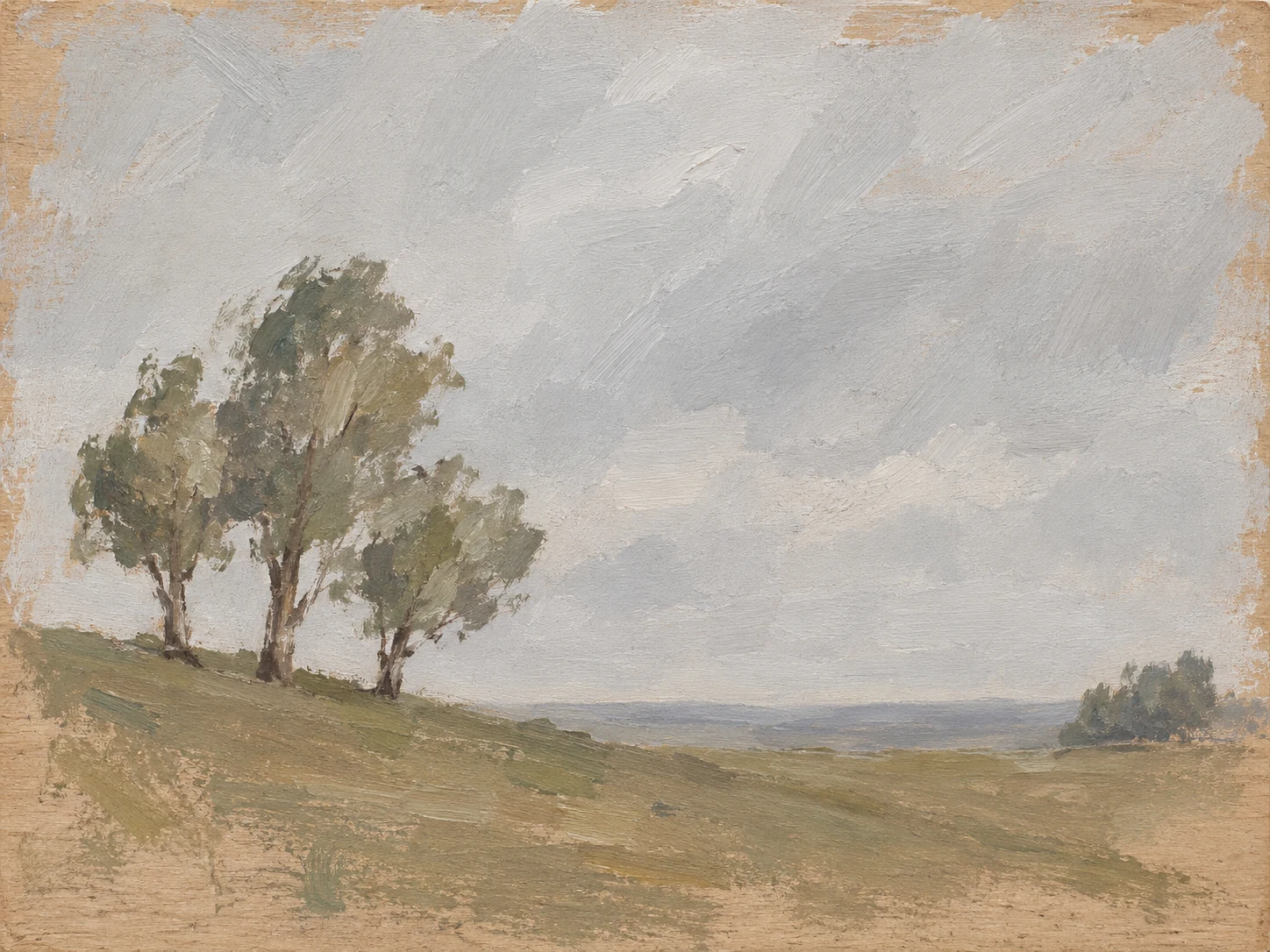 Three trees on a slope in stone, sage, sand, taupe; landscape artwork.