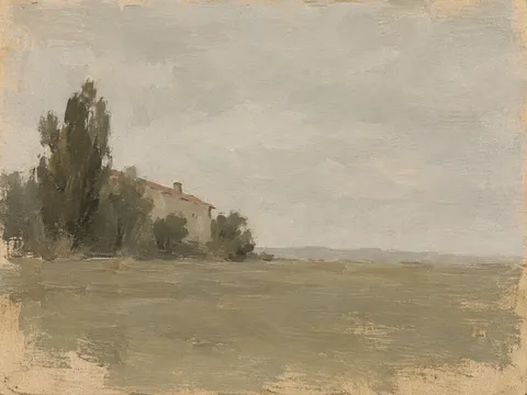 A distant roofline in stone, taupe, sage, olive; landscape artwork.