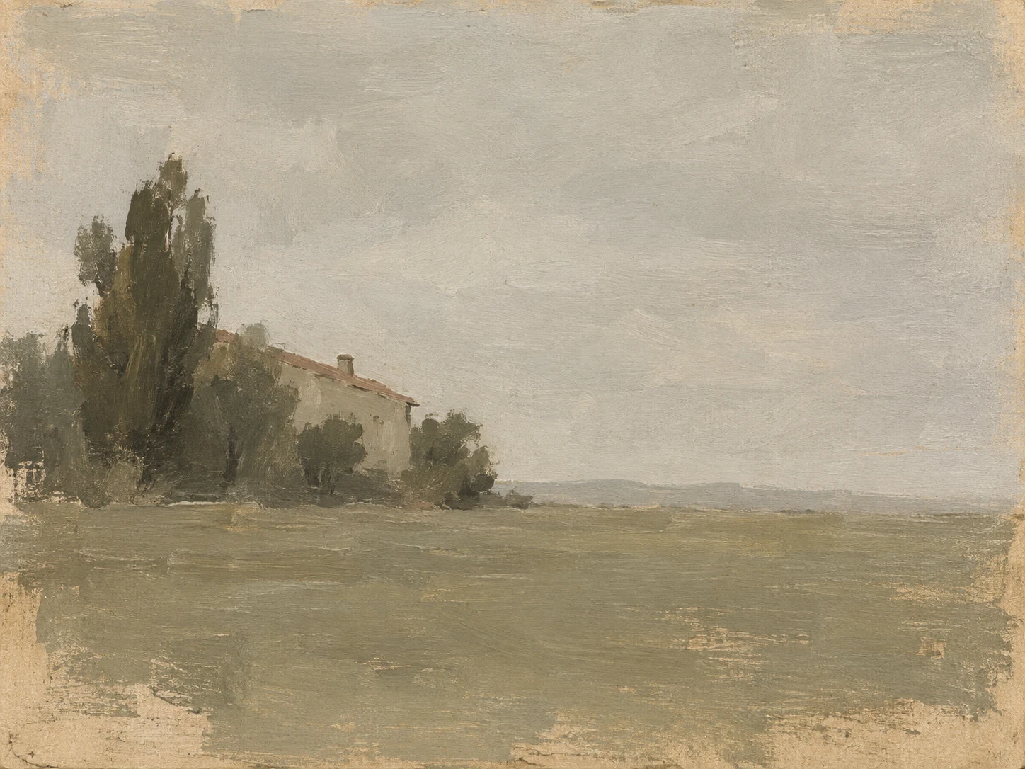 A distant roofline in stone, taupe, sage, olive; landscape artwork.