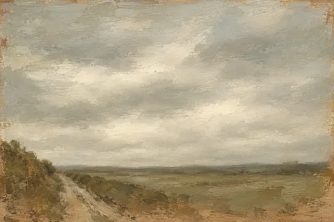 A track between two banks in stone, sand, taupe, olive; landscape artwork.