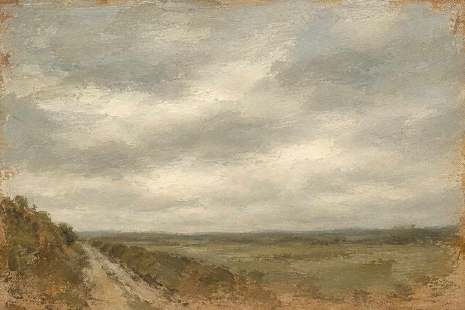 A track between two banks in stone, sand, taupe, olive; landscape artwork.