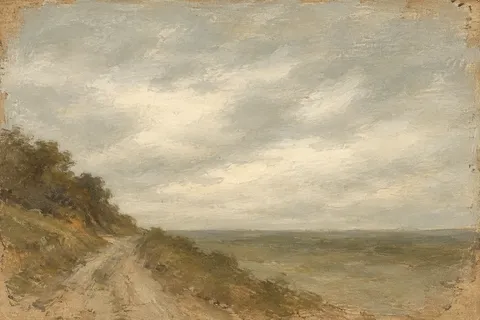 A track between two banks in stone, sand, taupe, sage; landscape artwork.