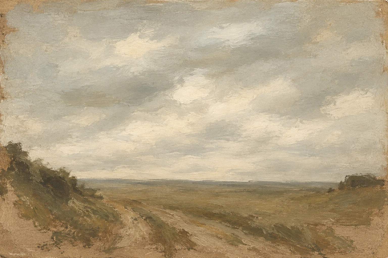 A track between two banks in stone, sand, taupe, cream; landscape artwork.