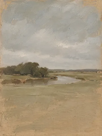 A bend of a stream in stone, sand, sage, gray; portrait artwork.