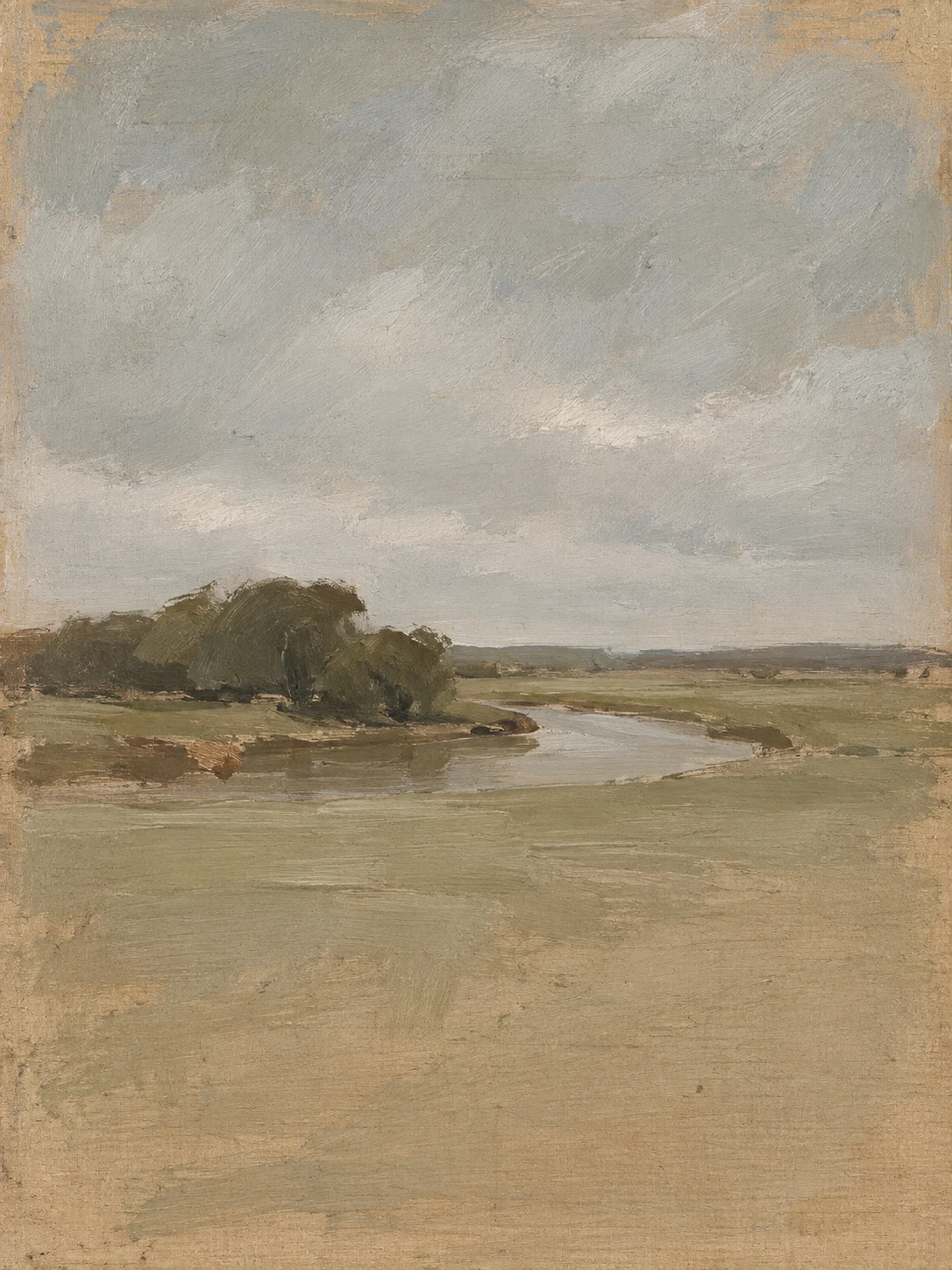 A bend of a stream in stone, sand, sage, gray; portrait artwork.