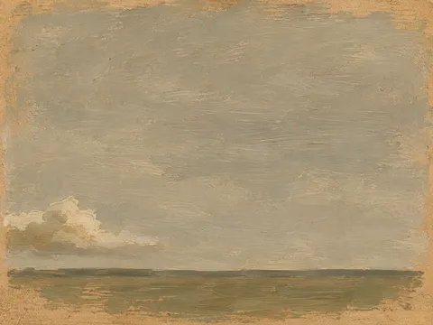 One cloud over a flat line in sage, sand, taupe; landscape artwork.