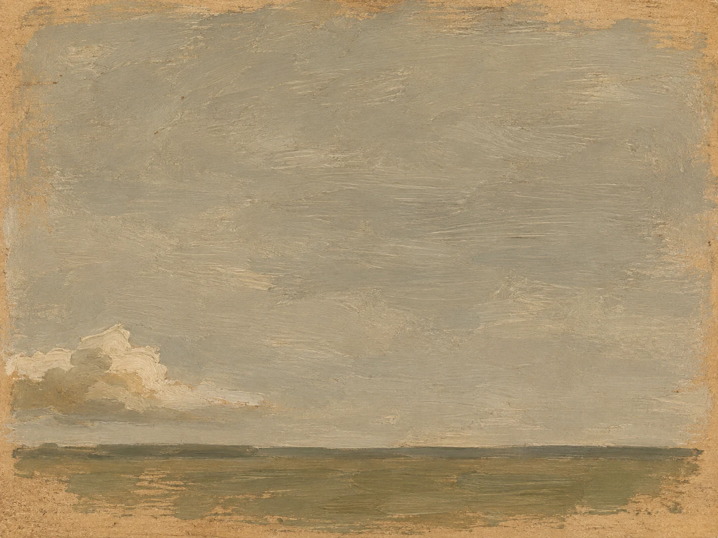 One cloud over a flat line in sage, sand, taupe; landscape artwork.
