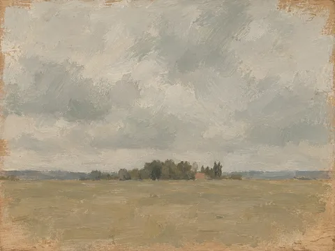 The edge of a wood in stone, sand, sage, gray; landscape artwork.