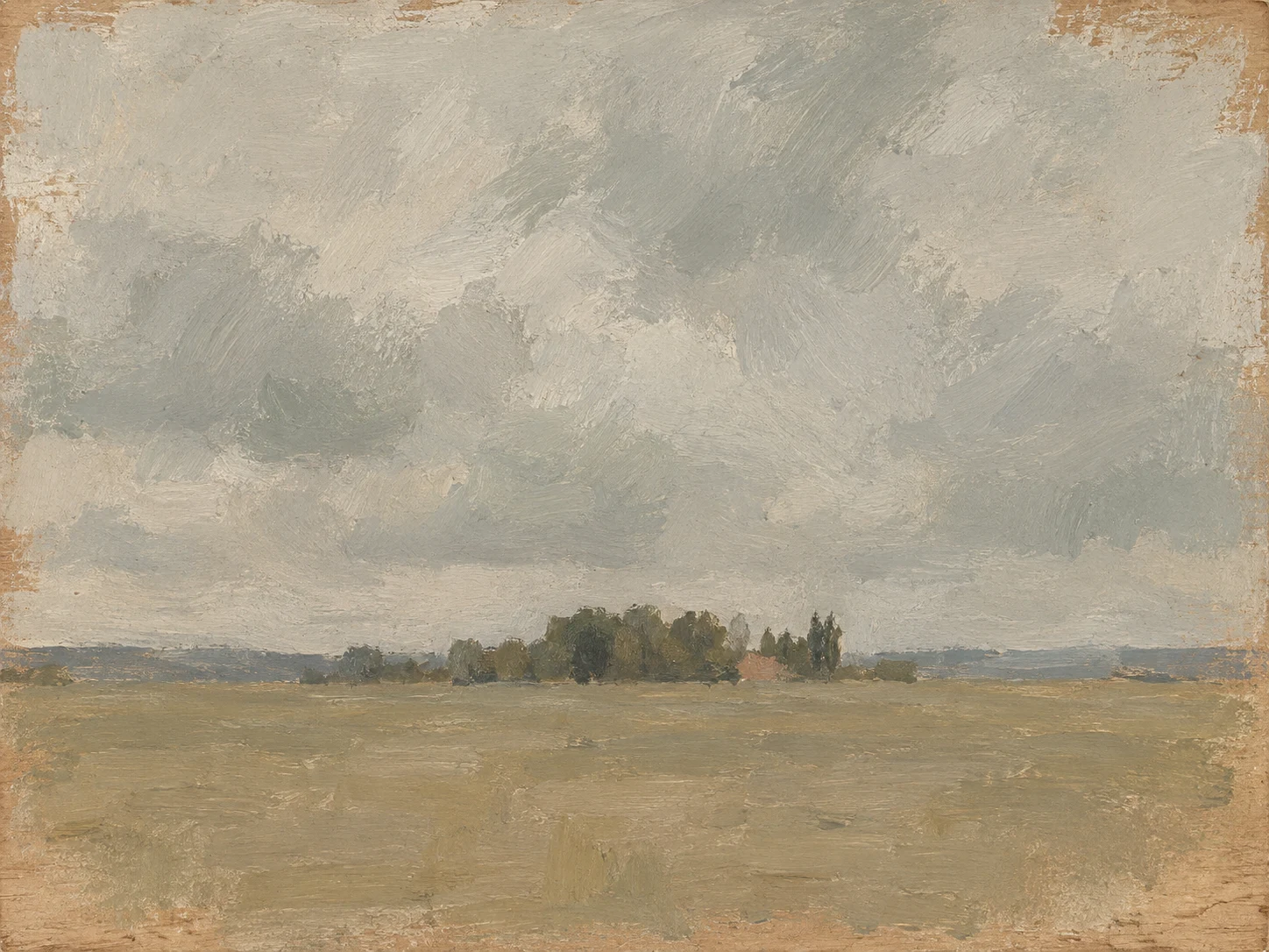 The edge of a wood in stone, sand, sage, gray; landscape artwork.