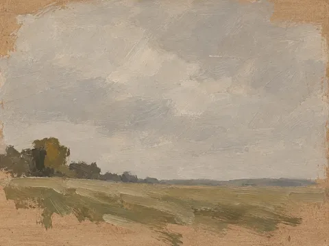 A corner of a field in ten strokes in sand, stone, taupe, olive; landscape artwork.