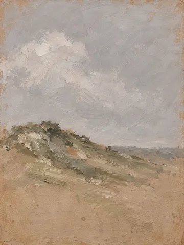 A hill and a cloud in stone, sage, sand, taupe; portrait artwork.