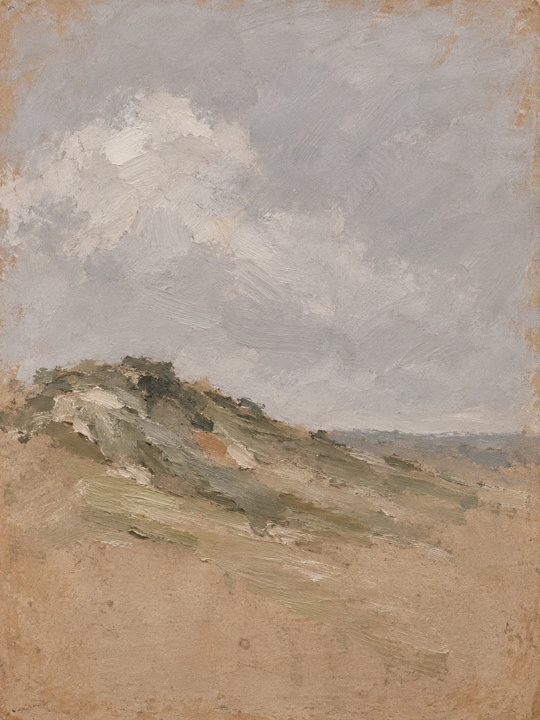 A hill and a cloud in stone, sage, sand, taupe; portrait artwork.