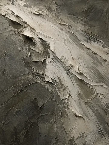 A single trowel sweep across the panel in charcoal, taupe, stone, gray; portrait artwork.