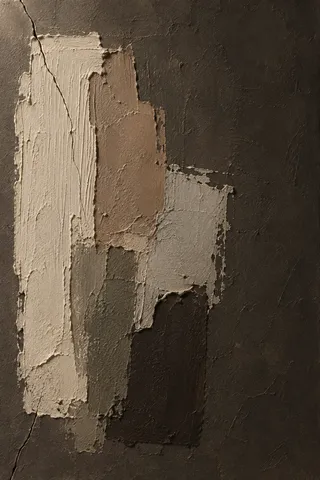 A hairline crack running off the edge in black, charcoal, sand, olive; portrait artwork.