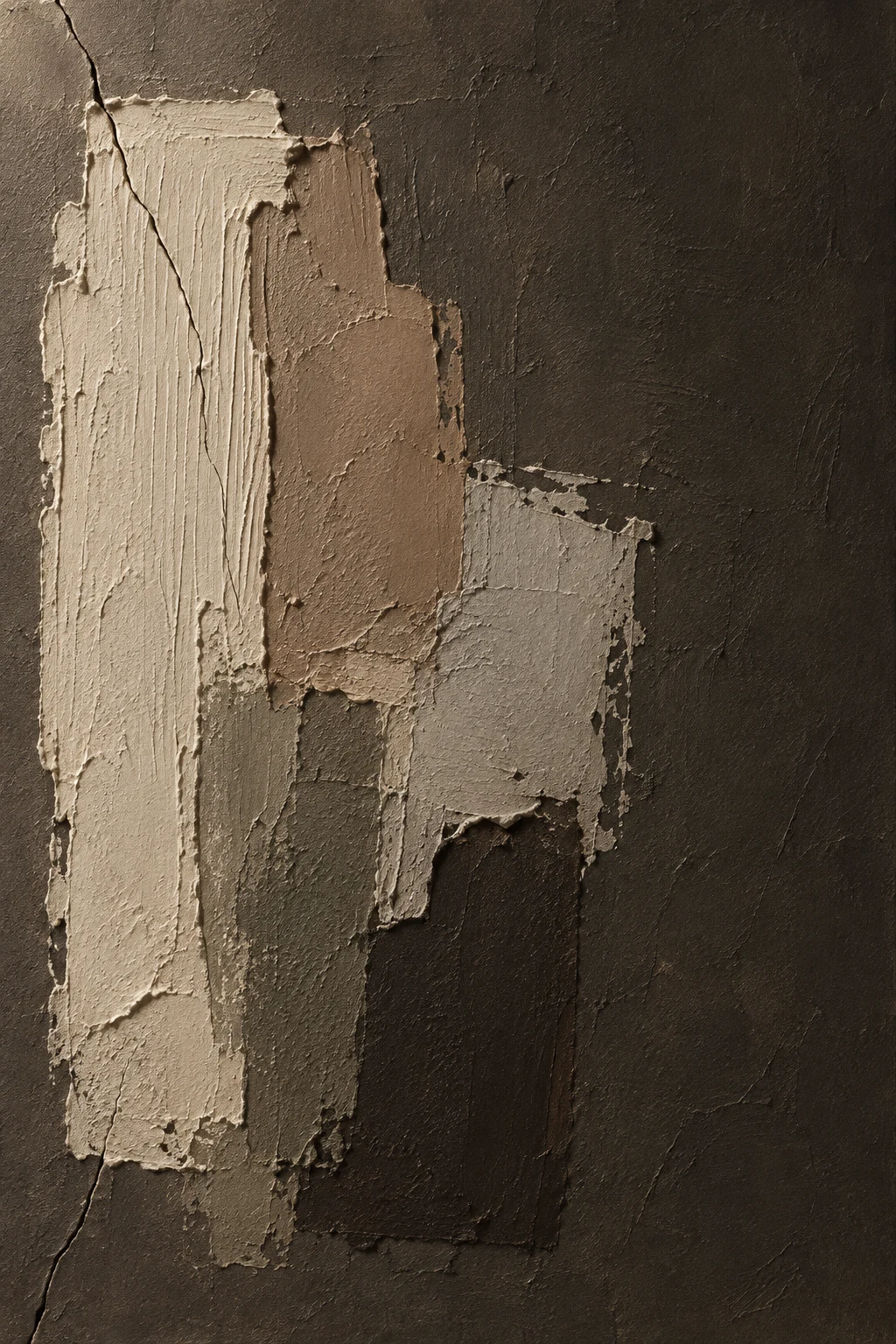 A hairline crack running off the edge in black, charcoal, sand, olive; portrait artwork.