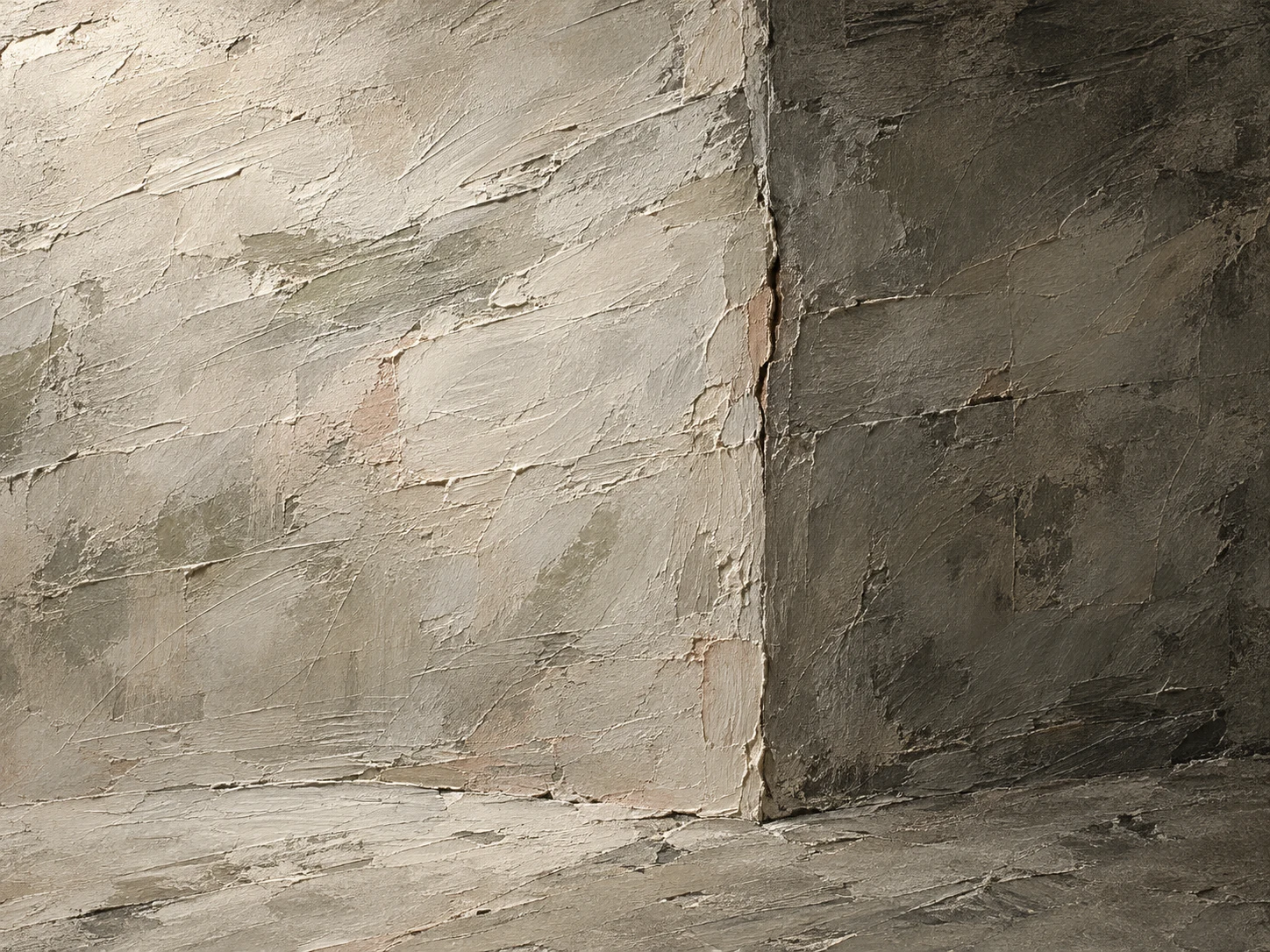 Two planes meeting at a soft seam in stone, brown, gray, sand; landscape artwork.