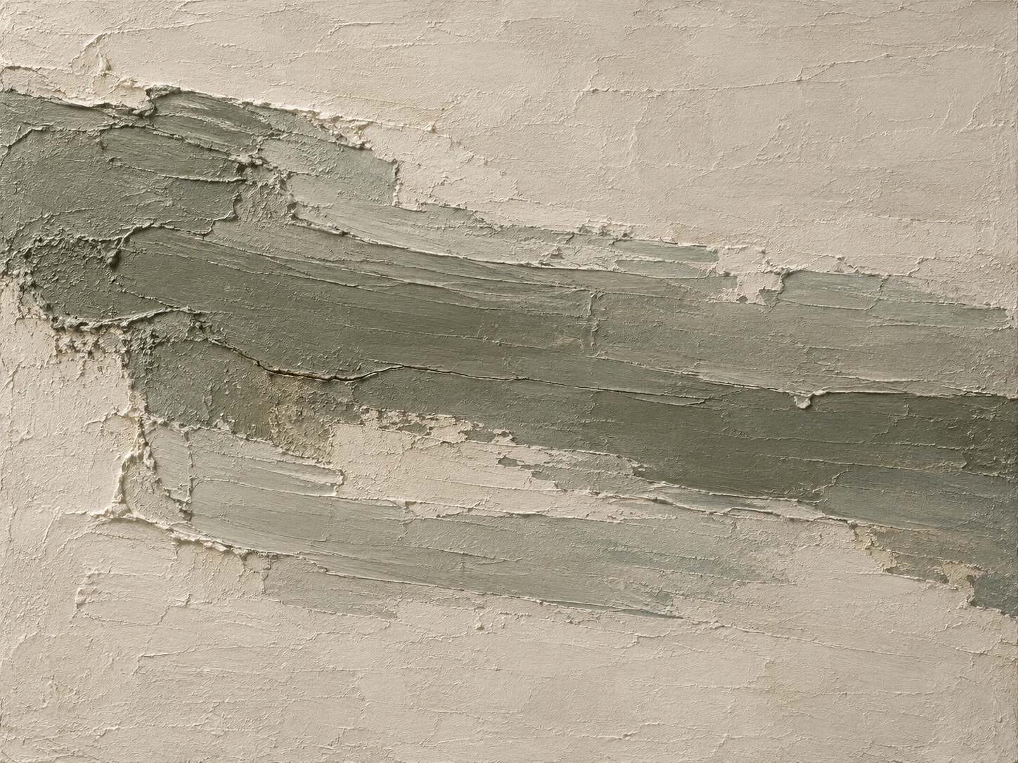 A shallow relief square in stone, olive, taupe, gray; landscape artwork.