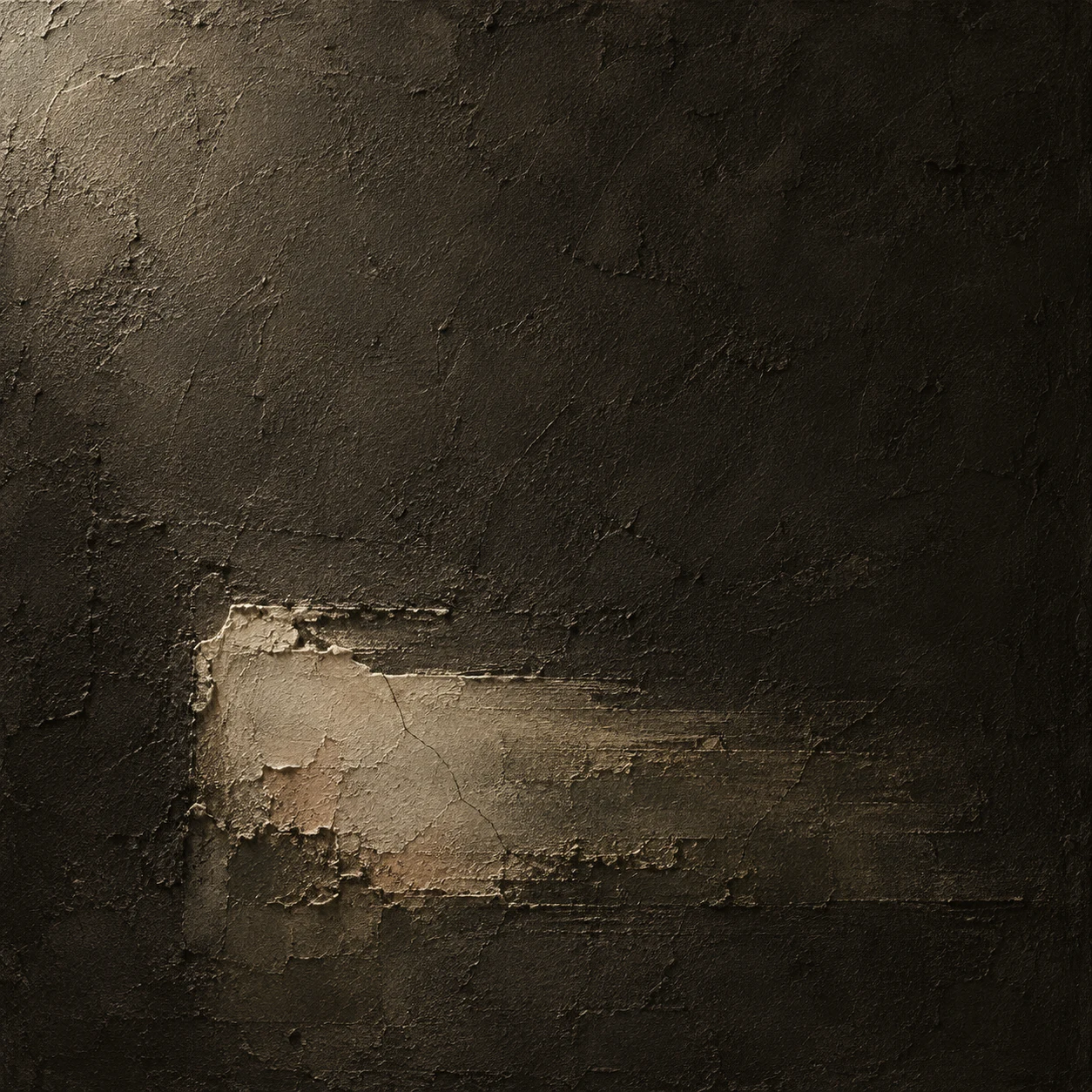 An eroded corner in black, charcoal, forest green, olive; square artwork.