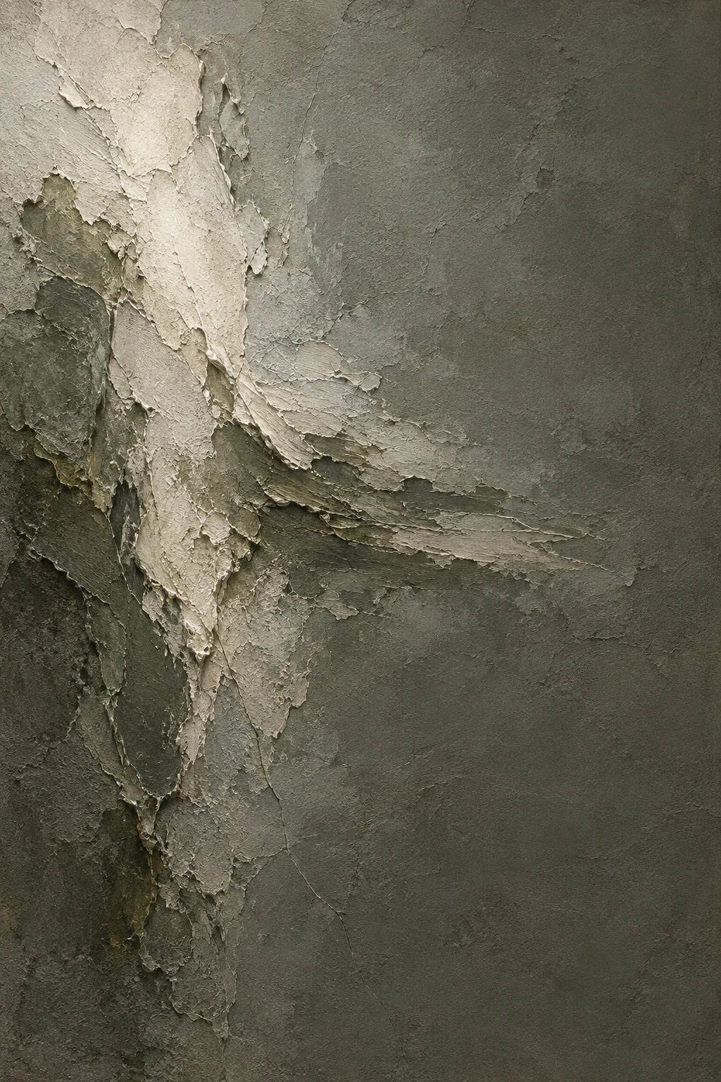 A band of dragged pigment in charcoal, olive, taupe, stone; portrait artwork.