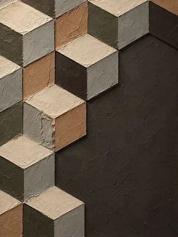One pressed thumb-wide groove in black, taupe, charcoal, stone; portrait artwork.