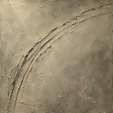 A shallow arc combed into the surface in taupe, sage, sand, stone; square artwork.