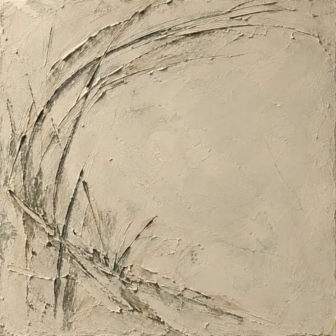 A shallow arc combed into the surface in stone, sand, sage; square artwork.