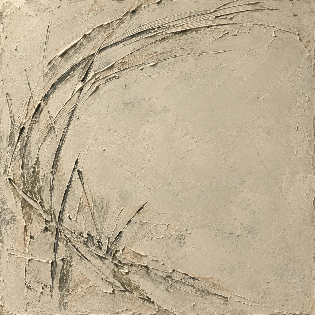 A shallow arc combed into the surface in stone, sand, sage; square artwork.