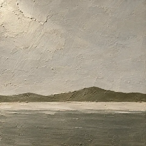 A worn edge where two coats meet in stone, sand, olive, sage; square artwork.