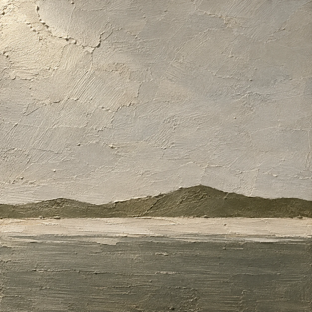 A worn edge where two coats meet in stone, sand, olive, sage; square artwork.