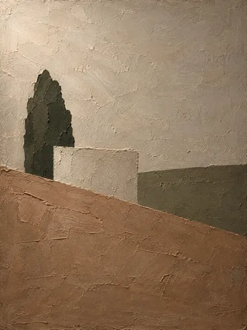 A patch of fine crazing in brown, taupe, sage, sand; portrait artwork.
