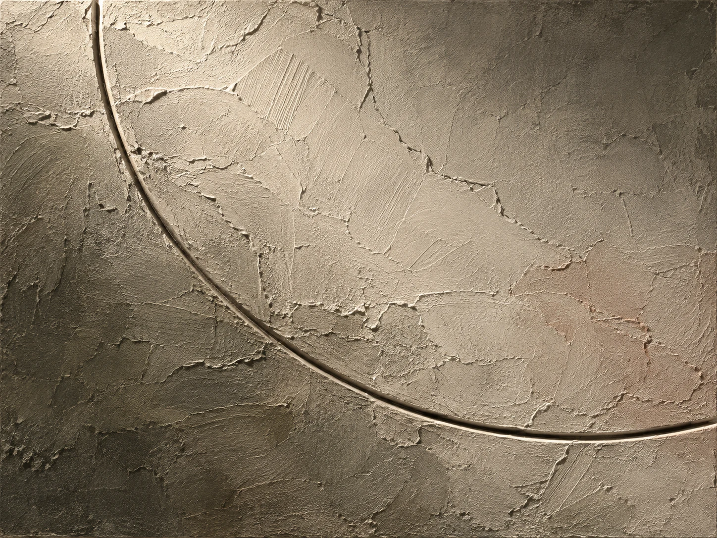 A single deep score line in sage, sand, gray, brown; landscape artwork.