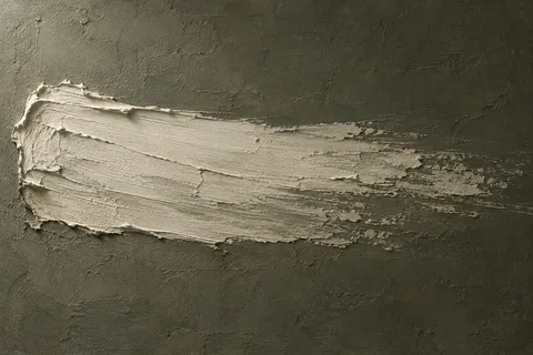 A single trowel sweep across the panel in charcoal, stone, brown, sage; landscape artwork.