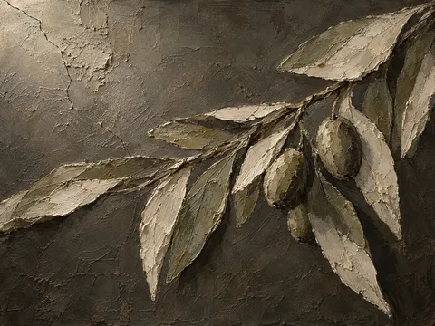 A hairline crack running off the edge in charcoal, olive, taupe, forest green; landscape artwork.
