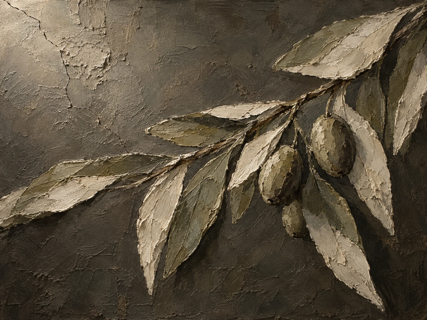 A hairline crack running off the edge in charcoal, olive, taupe, forest green; landscape artwork.