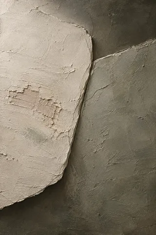 Two planes meeting at a soft seam in olive, stone, charcoal, sand; portrait artwork.