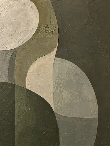 A shallow relief square in charcoal, stone, taupe, olive; portrait artwork.