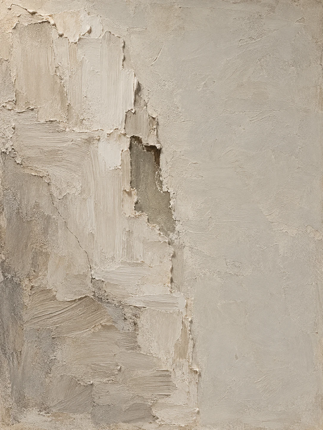 A scraped-back patch showing the layer beneath in stone, sand, gray; portrait artwork.