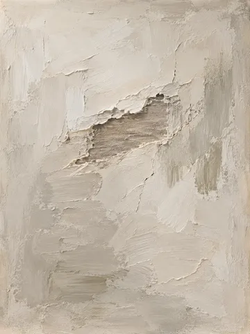 A scraped-back patch showing the layer beneath in stone, cream, sand, gray; portrait artwork.