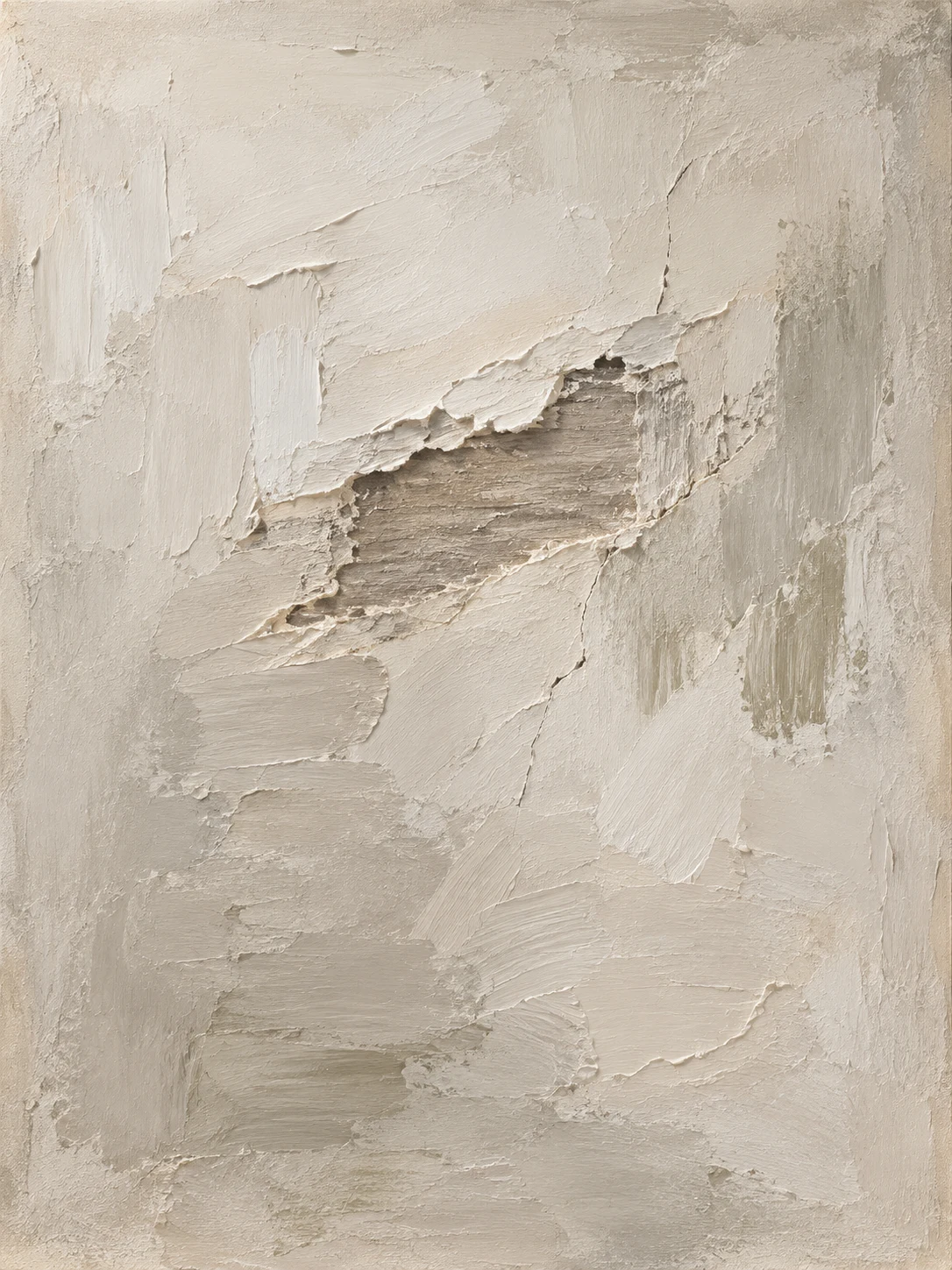 A scraped-back patch showing the layer beneath in stone, cream, sand, gray; portrait artwork.
