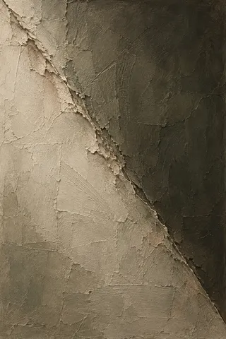 An eroded corner in taupe, olive, stone, forest green; portrait artwork.