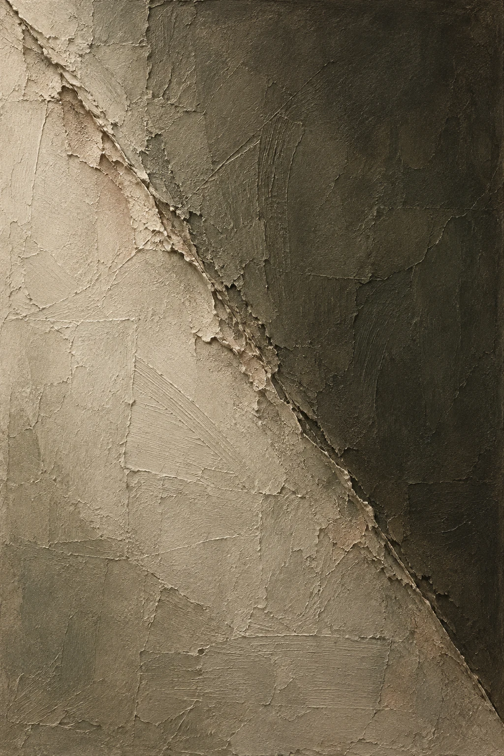 An eroded corner in taupe, olive, stone, forest green; portrait artwork.
