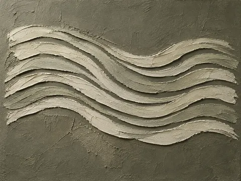 A band of dragged pigment in olive, taupe, stone, brown; landscape artwork.