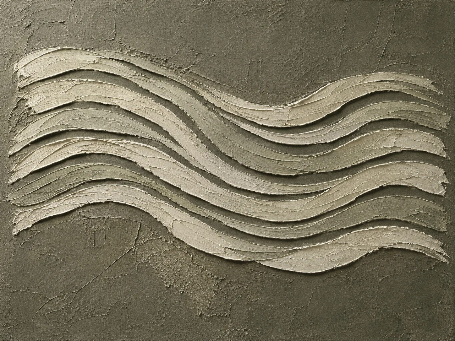 A band of dragged pigment in olive, taupe, stone, brown; landscape artwork.