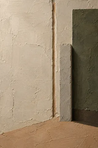 One pressed thumb-wide groove in sand, stone, taupe, forest green; portrait artwork.