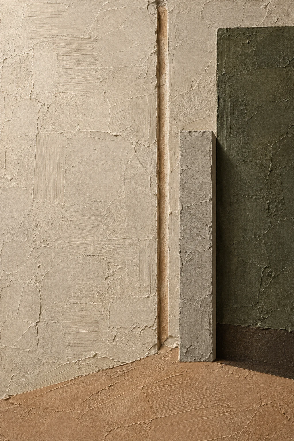 One pressed thumb-wide groove in sand, stone, taupe, forest green; portrait artwork.