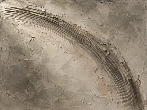 A shallow arc combed into the surface in taupe, gray, olive, sand; landscape artwork.