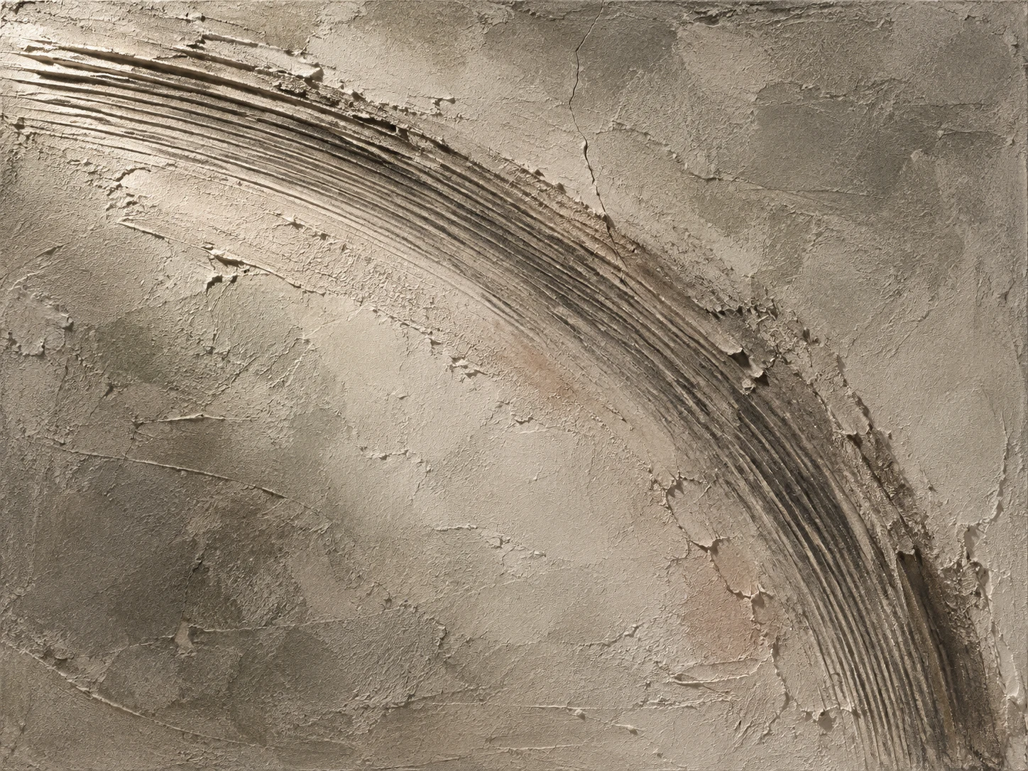 A shallow arc combed into the surface in taupe, gray, olive, sand; landscape artwork.