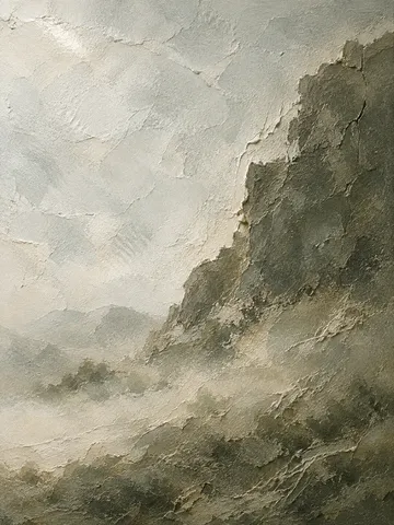 A worn edge where two coats meet in cream, olive, stone, charcoal; portrait artwork.