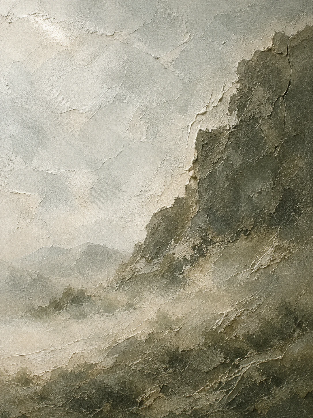A worn edge where two coats meet in cream, olive, stone, charcoal; portrait artwork.